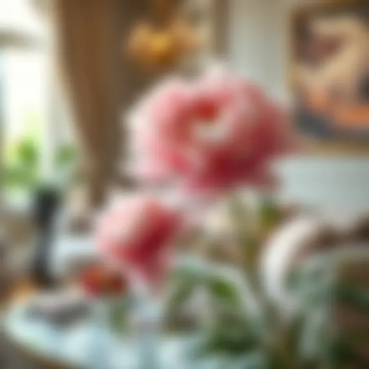 Stylish interior featuring peony faux flowers as part of decor