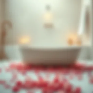 Aromatic rose petals scattered around a tranquil bath setting