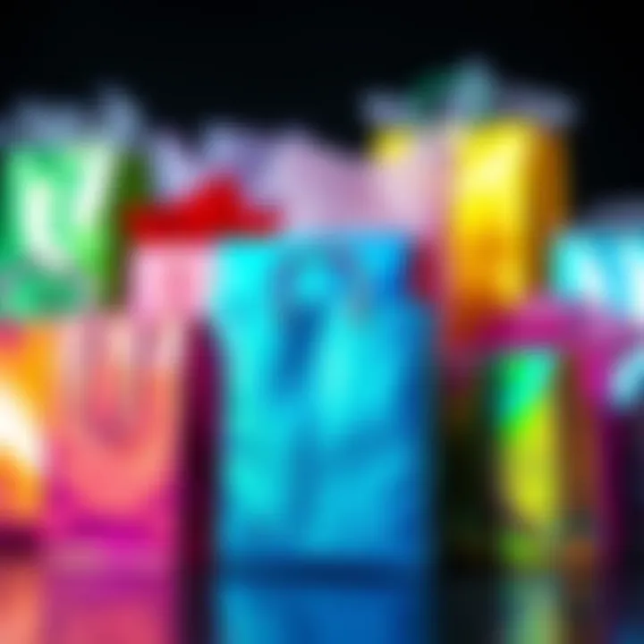 Diverse Palette of Iridescent Gift Bags Artistic arrangement of gift bags in various colors and sizes