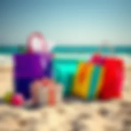 Colorful beach bags filled with party favors on a sandy shore