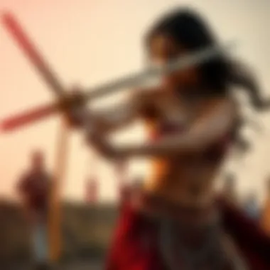 Belly dancer showcasing a sword as a prop, illustrating strength and balance in the performance.