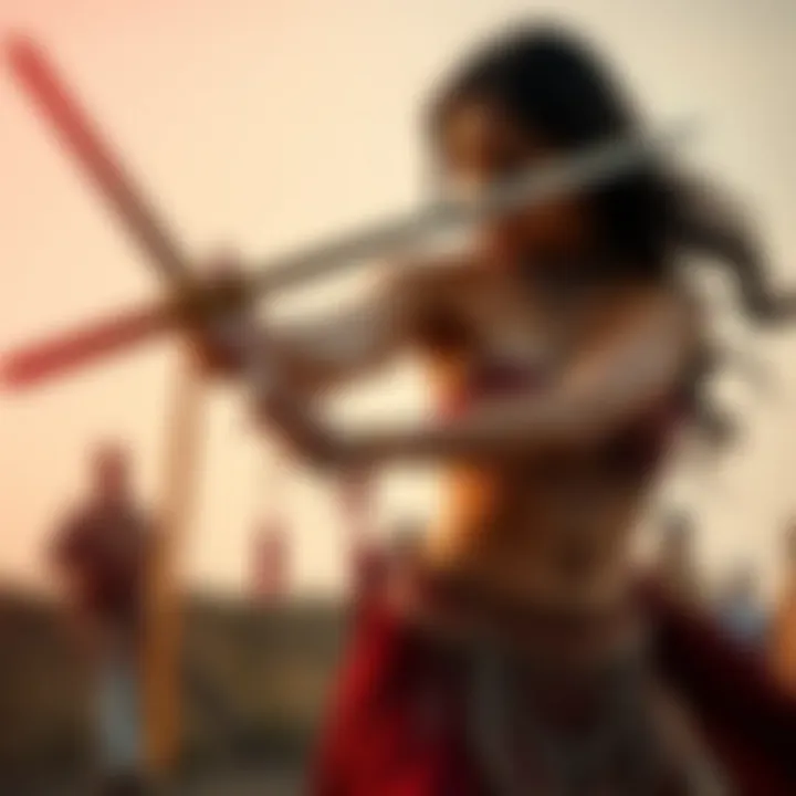 Belly dancer showcasing a sword as a prop, illustrating strength and balance in the performance.