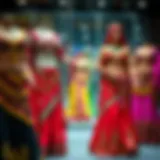 A vibrant display of traditional belly dance uniforms showcasing intricate beadwork and embroidery.