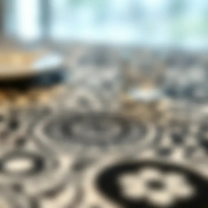 Close-up of intricate patterns on a black and white placemat