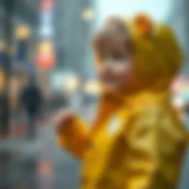 Child enjoying a rainy day wearing the Build a Bear raincoat