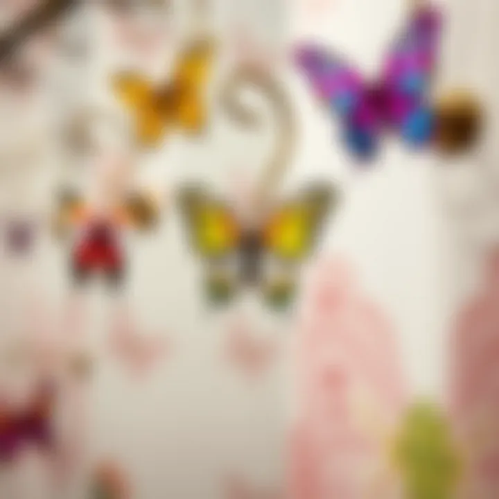 Close-up of colorful butterfly shower curtain hooks showcasing intricate designs