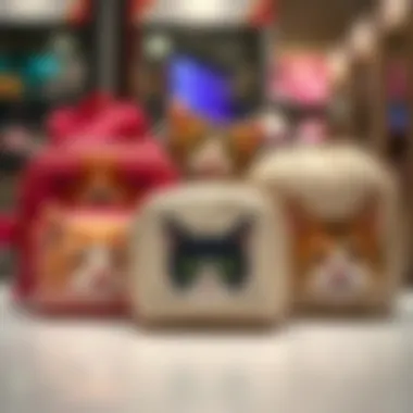 Stylish Display of Cat-Themed Cosmetic Bags Stylish display of cat-themed cosmetic bags arranged for visual appeal.