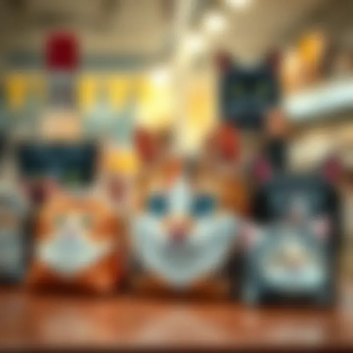 Unique Designs of Cat-Themed Cosmetic Bags Artistic depiction of various cat-themed cosmetic bags showcasing their unique designs.