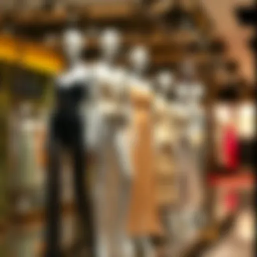 A striking display of clear plastic mannequins showcasing elegant fashion designs in a retail store.