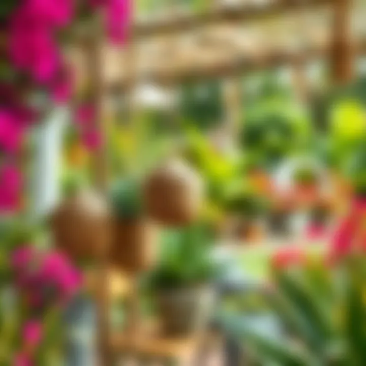 Coconut Husk Planters in Beautiful Garden Landscape Aesthetic arrangement of coconut husk planters in a vibrant garden setting