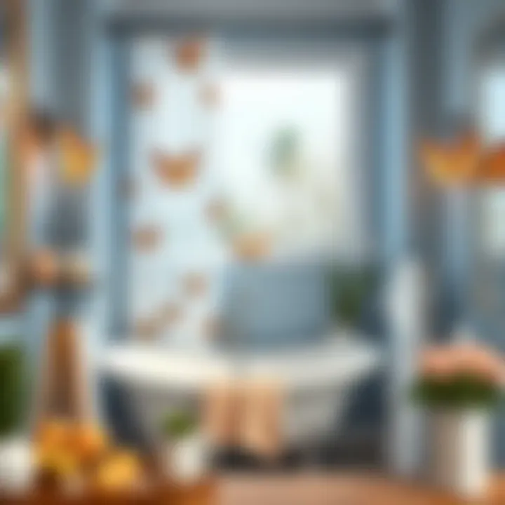 A beautifully decorated bathroom featuring butterfly shower curtain hooks