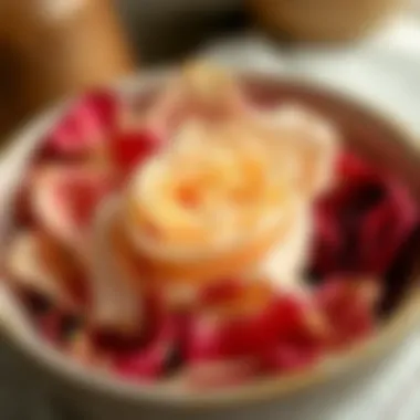 Dried rose petals elegantly arranged in a bowl