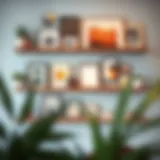 Artful Display on Floating Shelves Stylish arrangement of picture ledge floating wall shelves displaying art and decor