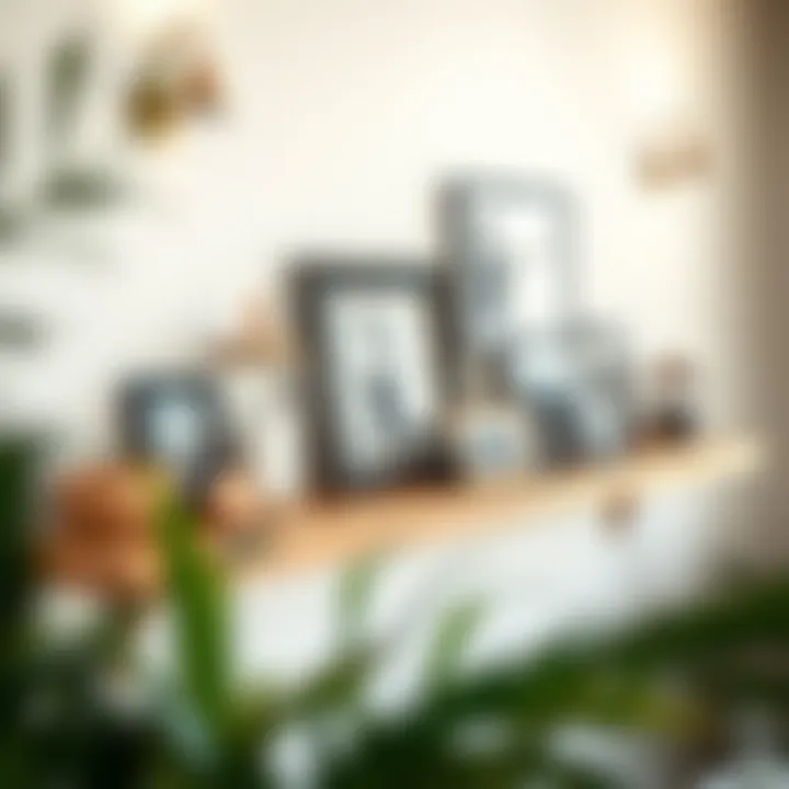 Framed Memories on a Floating Ledge Close-up of a large picture ledge showcasing framed photographs and decorative items