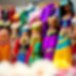 Vibrant selection of colorful belly dancing costumes on display