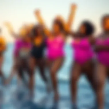 Group of diverse individuals celebrating body positivity in hot pink swimsuits