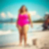 Vibrant Hot Pink Plus Size Swimsuit on Beach Vibrant hot pink plus size swimsuit showcased on a sandy beach