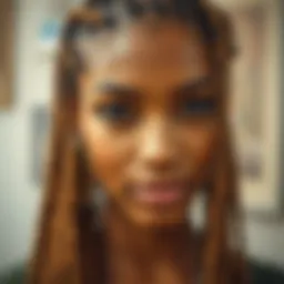 Close-up of bohemian box braids with crochet technique
