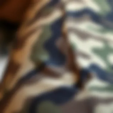 Close-up of the fabric texture and pattern of camo print yoga pants