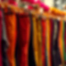 A vibrant collection of colorful flare pants displayed on hangers