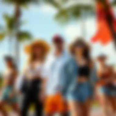 A striking outdoor fashion scene highlighting diverse styles in summer attire.