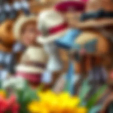 An innovative accessory display featuring quirky hats and statement jewelry.