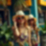 A vibrant collection of bold summer outfits showcasing eclectic patterns and textures.