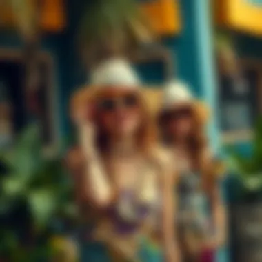 A vibrant collection of bold summer outfits showcasing eclectic patterns and textures.