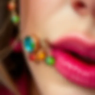Close-up of a colorful vertical labret piercing adorned with unique designs