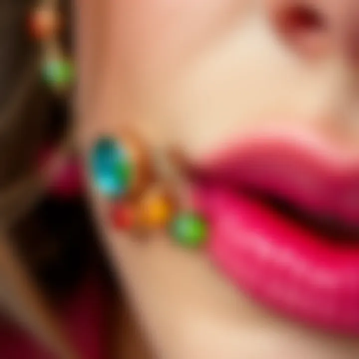 Close-up of a colorful vertical labret piercing adorned with unique designs