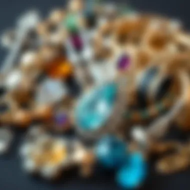 Collection of materials used in crafting vertical labret jewelry, including metal and gemstones