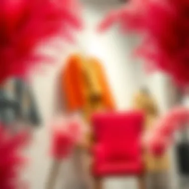 A fashion display featuring clothing items complemented by fake feather plants, illustrating their trendiness.