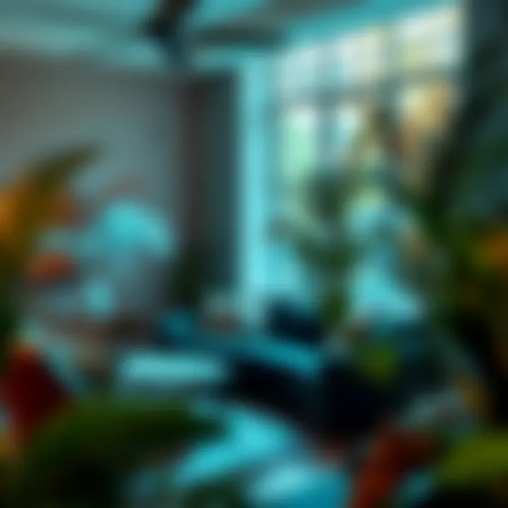 A stylish living room adorned with various fake feather plants, enhancing the overall decor aesthetic.