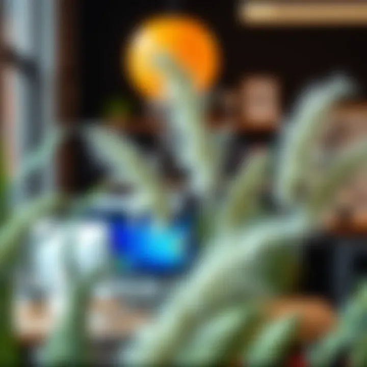 A modern workspace featuring fake feather plants that bring a touch of nature to the office environment.