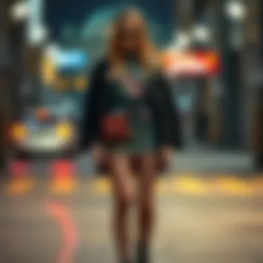 A stylish outfit featuring flame fishnet tights paired with a vibrant dress