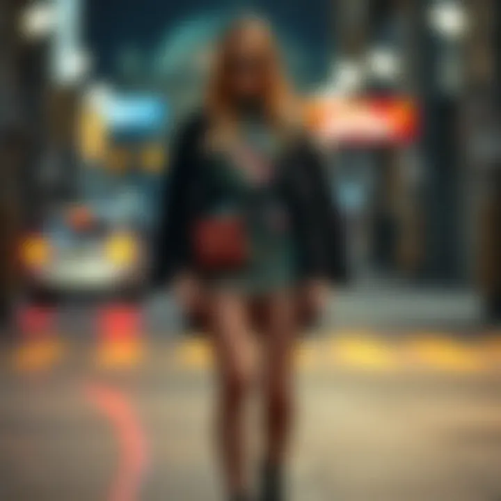 A stylish outfit featuring flame fishnet tights paired with a vibrant dress