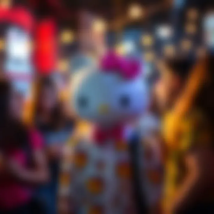 A trendy setting featuring adults in Hello Kitty shirts at a social event.