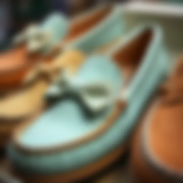 Close-up of mint loafers showcasing unique materials