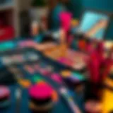 A vivid array of colorful pretend makeup products laid out on a table