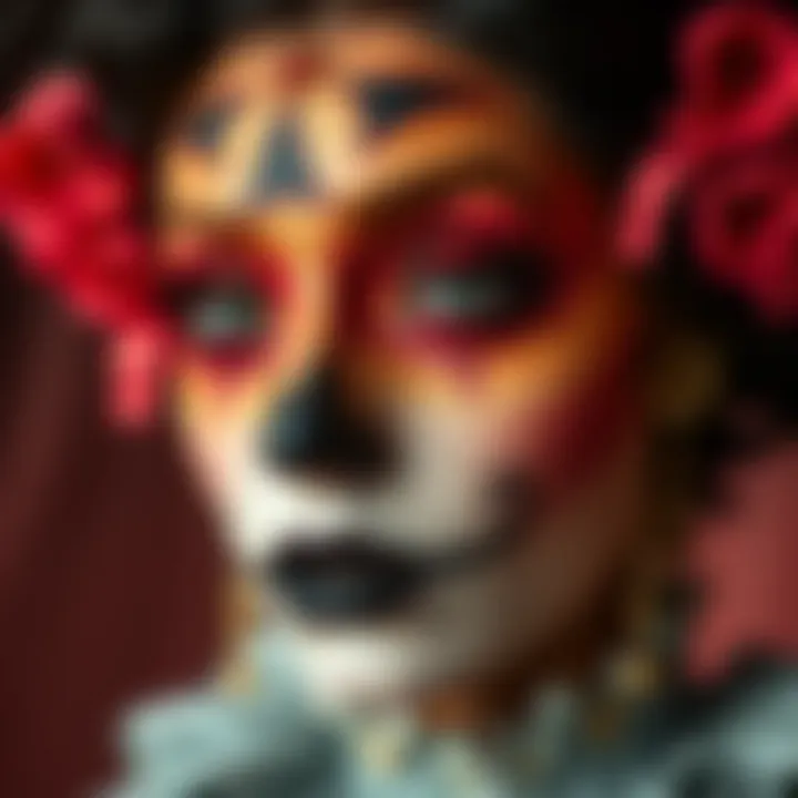 A close-up of a face adorned with elaborate pretend makeup for performance