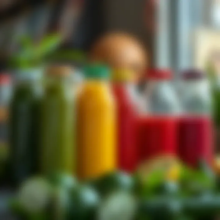 Variety of juice flavors stored in reusable bottles