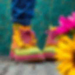 Colorful sunflower dude shoes displayed against a textured background