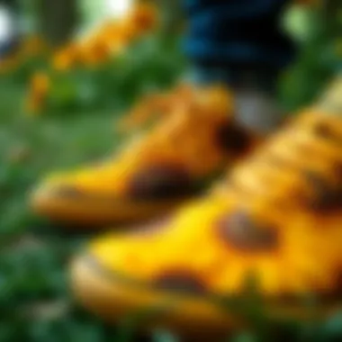 Close-up of sunflower patterns on unique footwear
