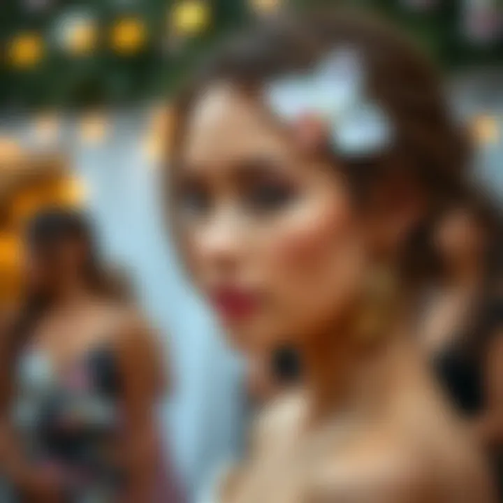 A model wearing an orchid flower hair clip at a garden party