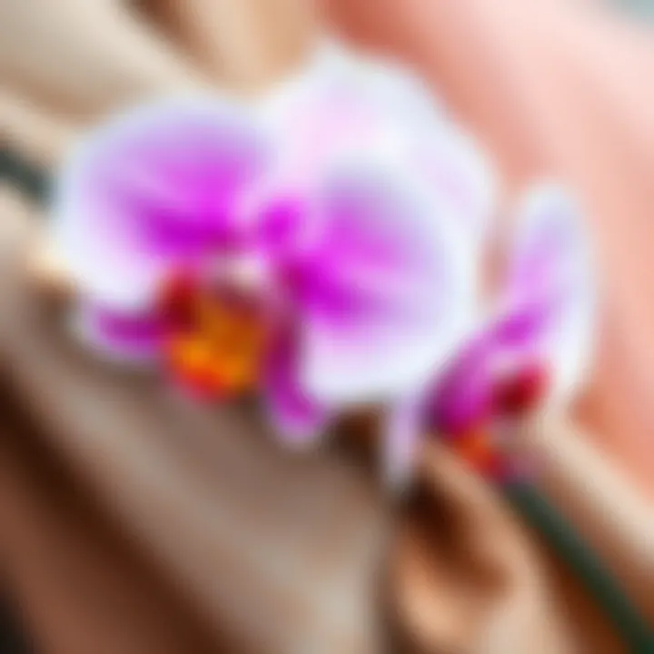 Close-up of vibrant orchid hair clip against a soft fabric background