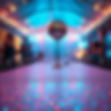 Shimmering Disco Ball Tablecloth at a Festive Gathering A shimmering disco ball tablecloth reflecting colorful lights at a festive gathering