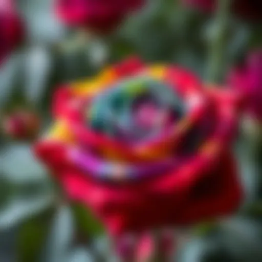 A vibrant silk rainbow rose showcasing its rich colors