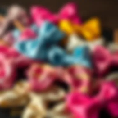 An artistic arrangement of unicorn hair bows alongside ethical production symbols, emphasizing sustainability.