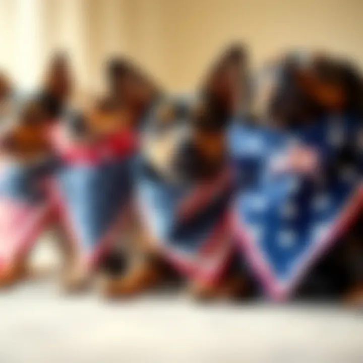 A close-up of a variety of colorful dog bandanas featuring national symbols