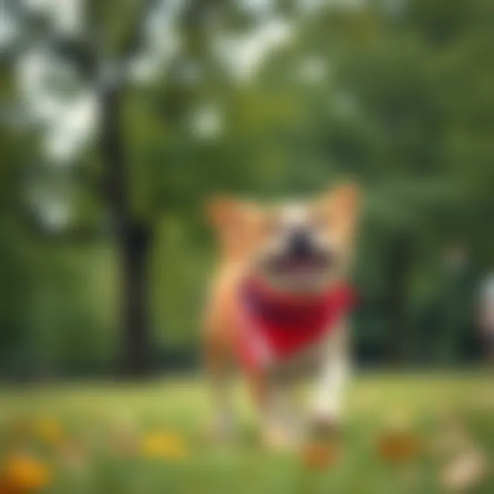 A dog playing in a park, proudly wearing a red, white, and blue bandana